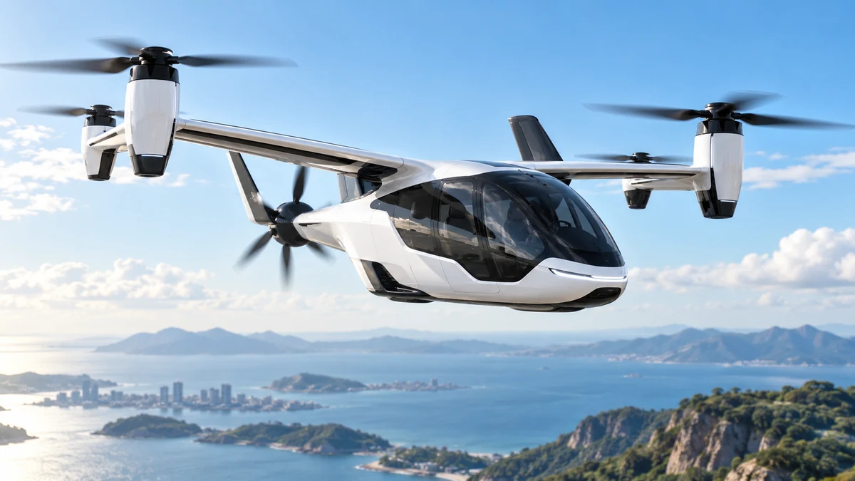 White eVTOL aircraft flying above a coastline