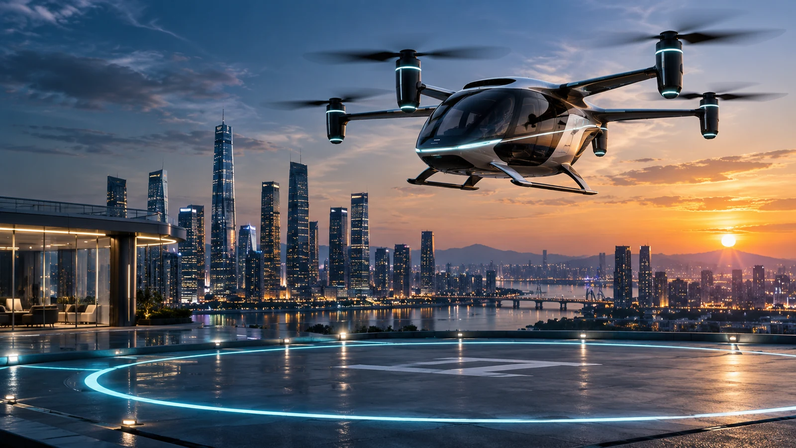 Advanced air mobility aircraft approaching a rooftop landing area at sunset