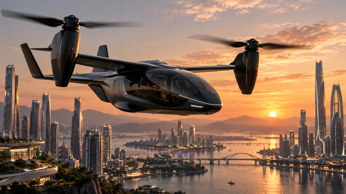 Air taxi over a modern city