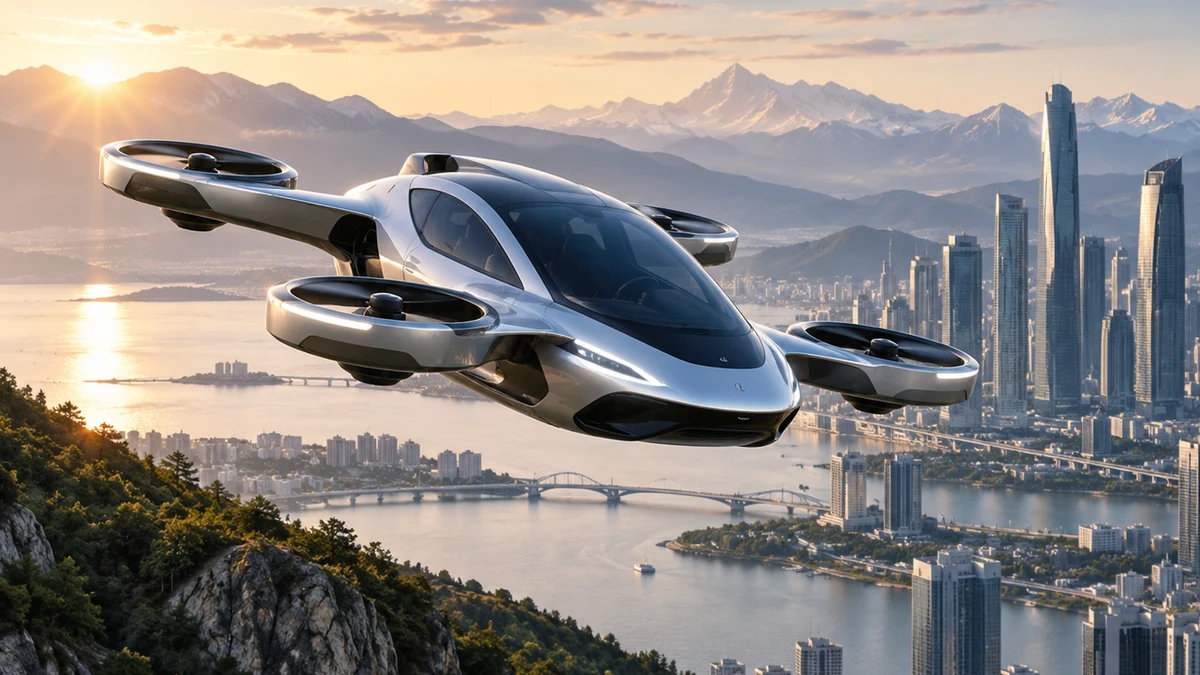 Flying vehicle over a futuristic city at sunset