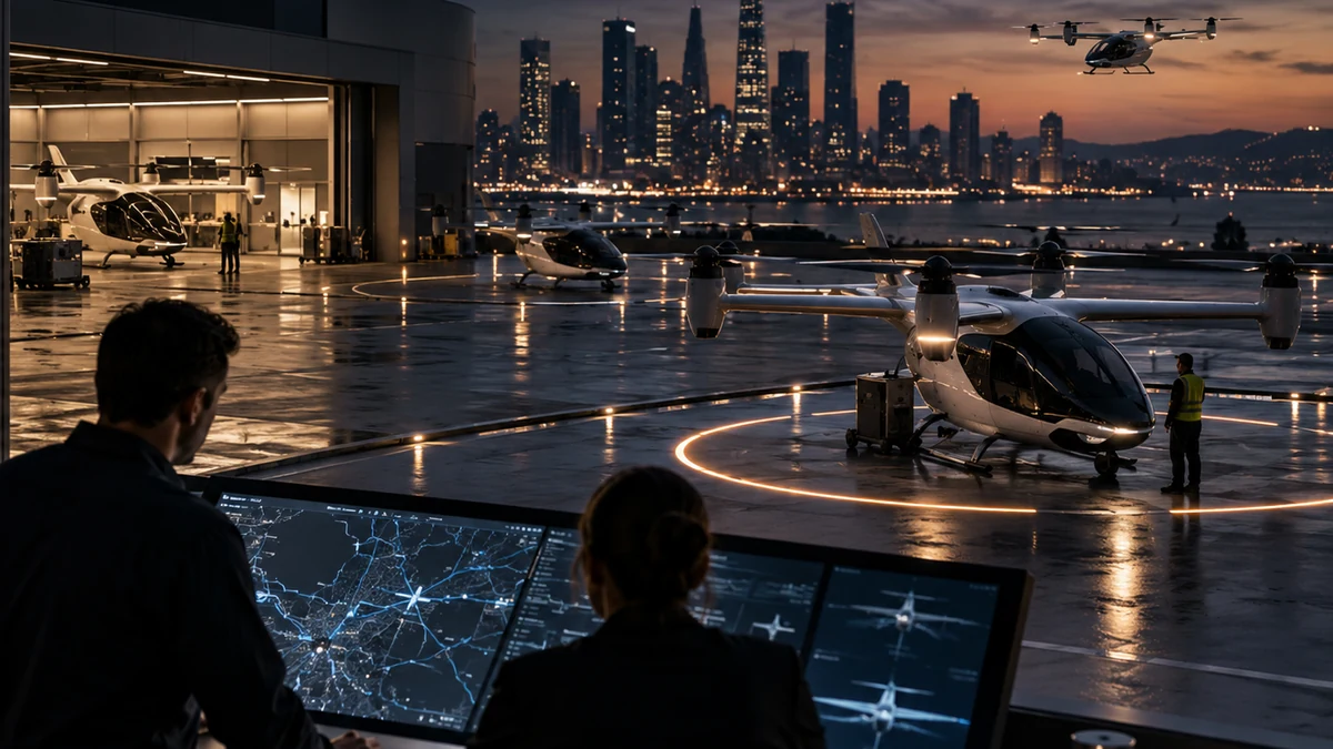 Air mobility operations center overlooking an eVTOL landing area